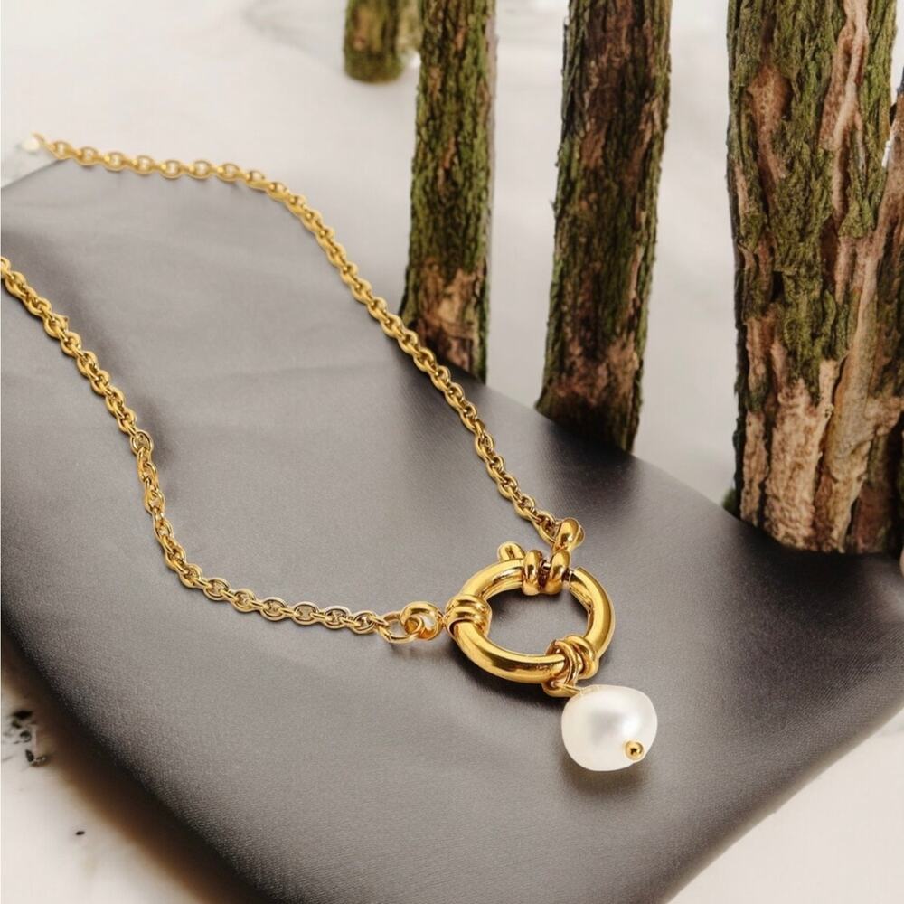 NEW 18K yellow gold plated spring clasp freshwater pearl necklace jewelry B27A